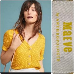 Maeve By Anthropology Yellow V-Neck Short sleeve Polka Dot top